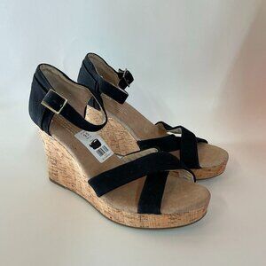 TOMS Heels Casual Cross Ankle Strappy Wedge Black Fabric Open Toe